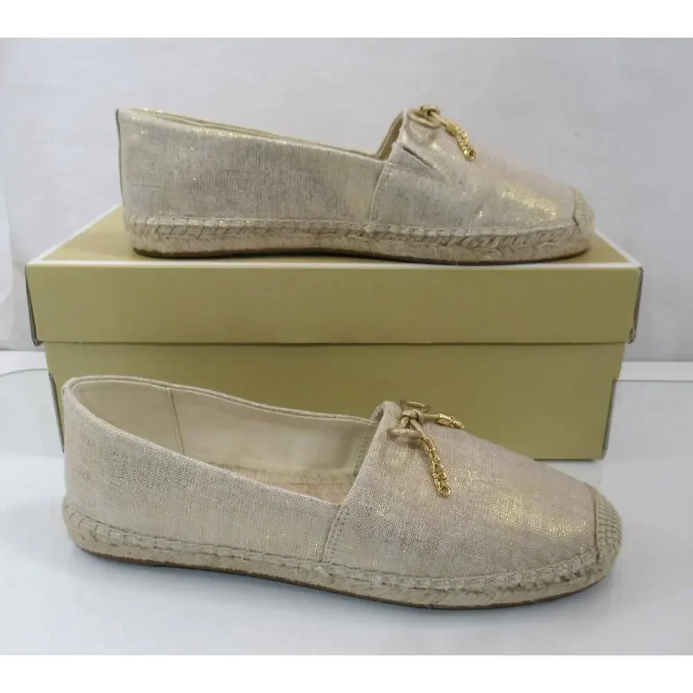 Michael Kors Nori Slip On Size 7 Espadrille MK Logo Metallic Linen Pale Gold